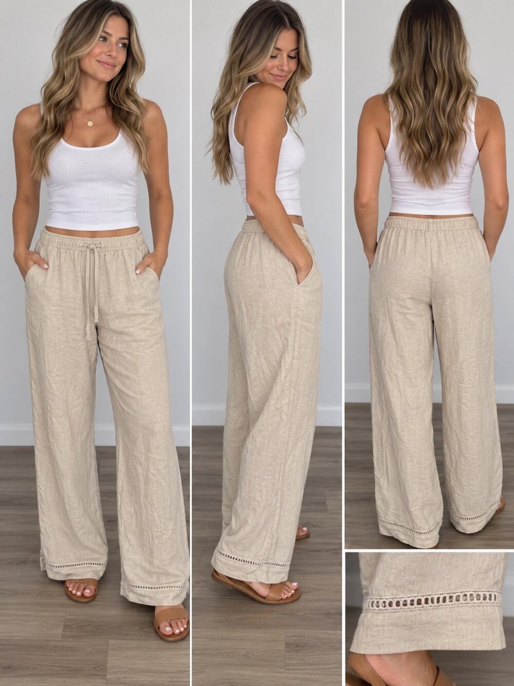 Abercrombie & Fitch Women’s Beige Linen Pants Straight Leg Pockets Drawstring